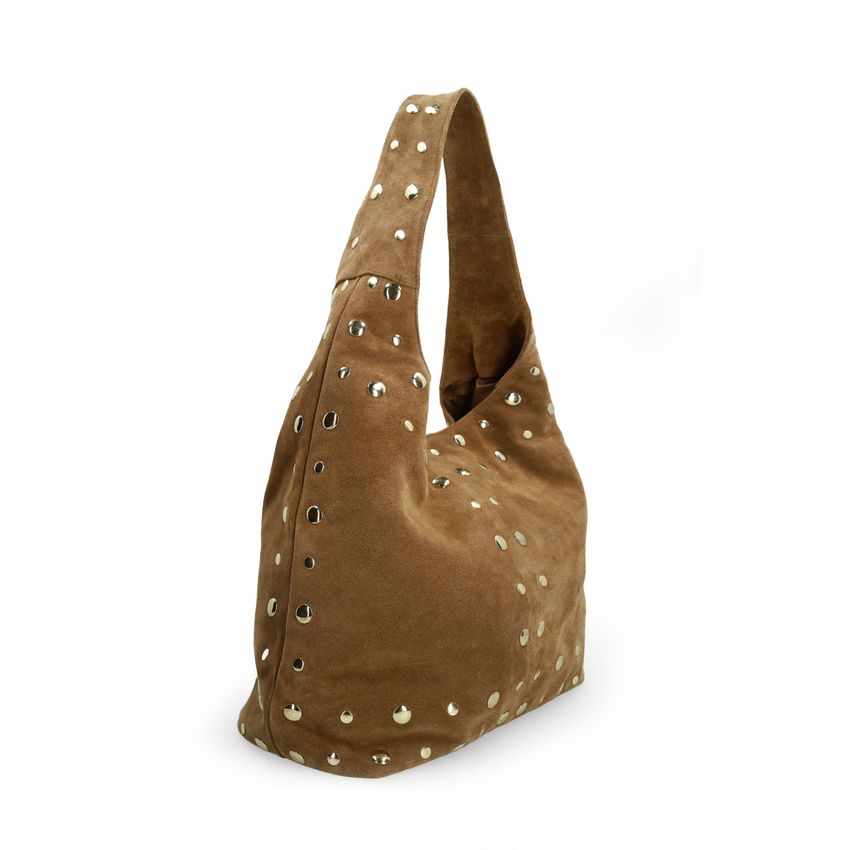 Manfield Taupe suède schoudertas met gouden studs