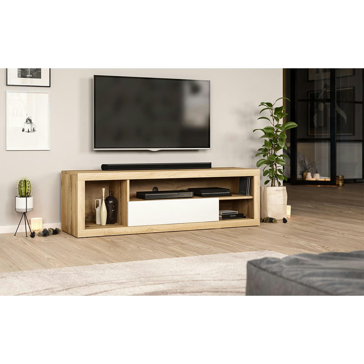 EVER - Meuble tv 1 porte 3 niches 140 cm naturel et blanc