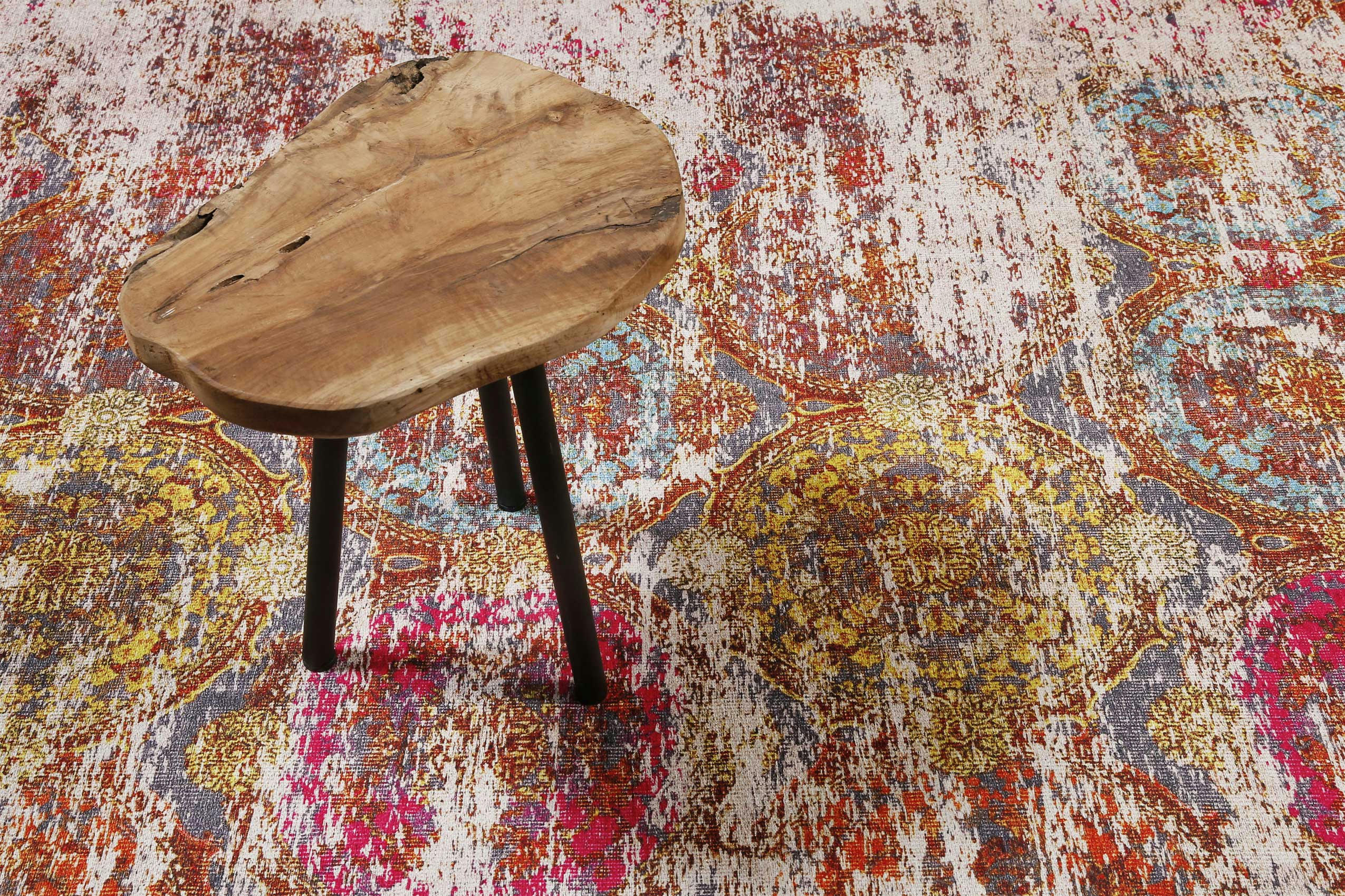 FOCUS - Tapis plat motif vintage effet usé multicolore rose 110x170