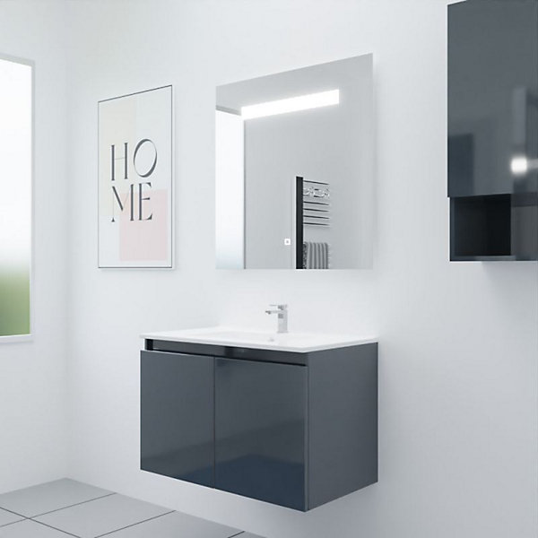 Meuble PROLINE 80 cm avec plan vasque et miroir Elégance ht80- Gris- Plan vasque en Céramique