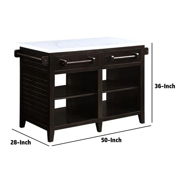 50 Inch Faux Marble Top Kitchen Island, 2 Drawers, Espresso Brown