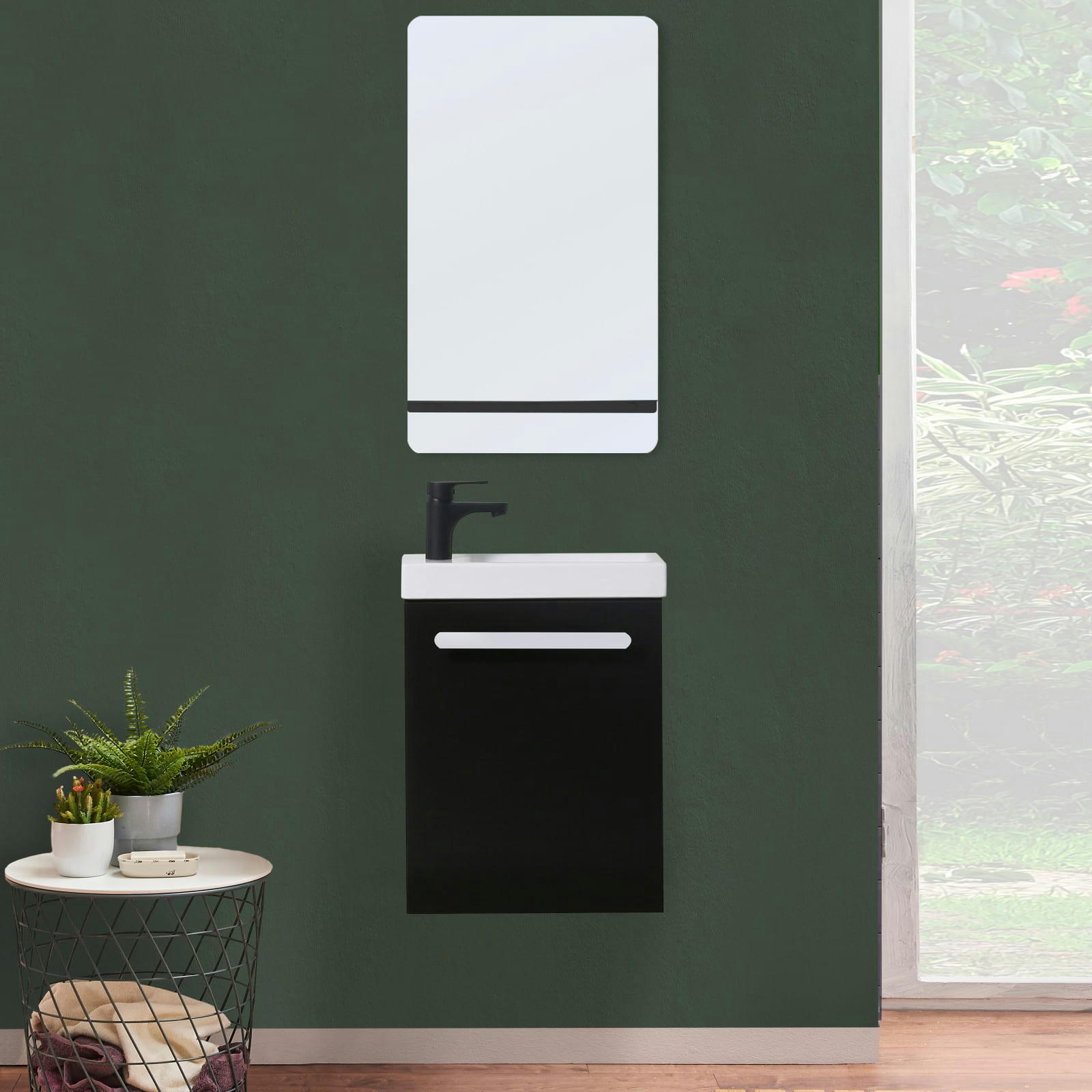 NEVADA - Meuble lave-mains  Noir carbone + robinet noir + miroir tablette noire