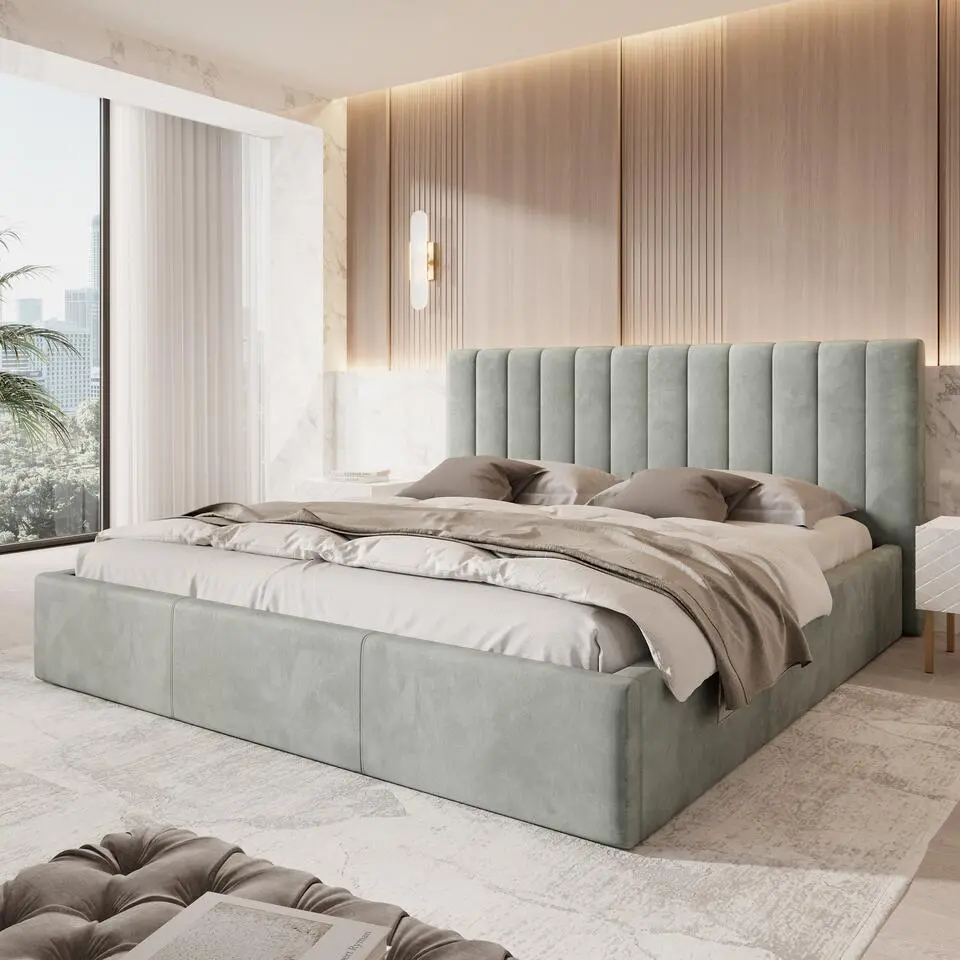 Meubella - Tweepersoonsbed Chief - Grijs - Velvet - 200x200 cm