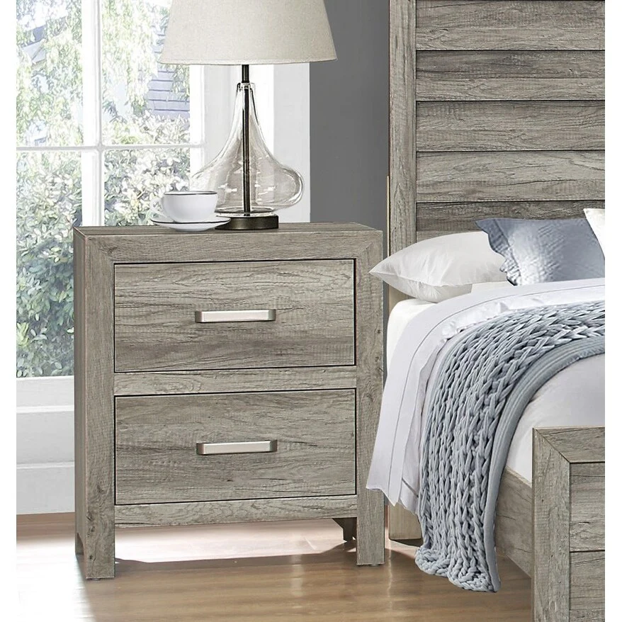 Transitional Aesthetic Bedroom Nightstand Faux Wood Veneer Weathered Nickel Hardware Bed Side Table