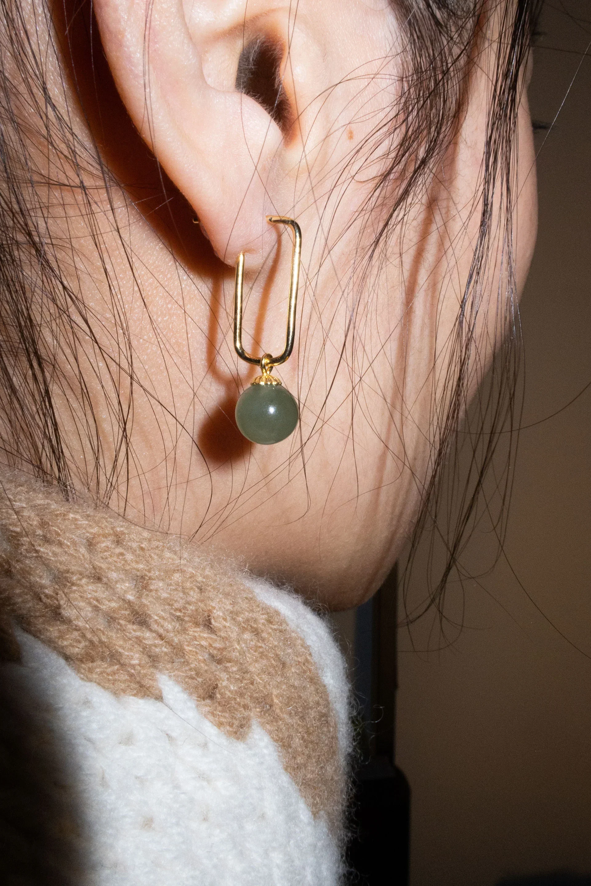 Pin — Green Jade Bead Gold Earrings