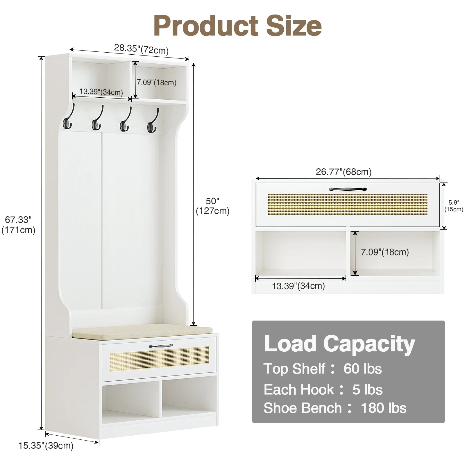 Anmytek 67 3-In-1 Hall Tree Shoe Storage Bench and Coat Rack with 4 Hooks and 6 Compartments for Entryway