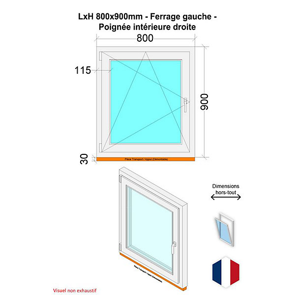 Fenêtre PVC - LxH 800x900 mm -Triple Vitrage - Blanc -poignée à droite