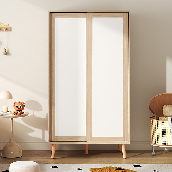 Armoire Enfant - Portes Coulissantes avec Tringle, Meuble de Chambre Pratique - Bois MDF, Blanc et Bois Naturel, 80x46x141,5 cm