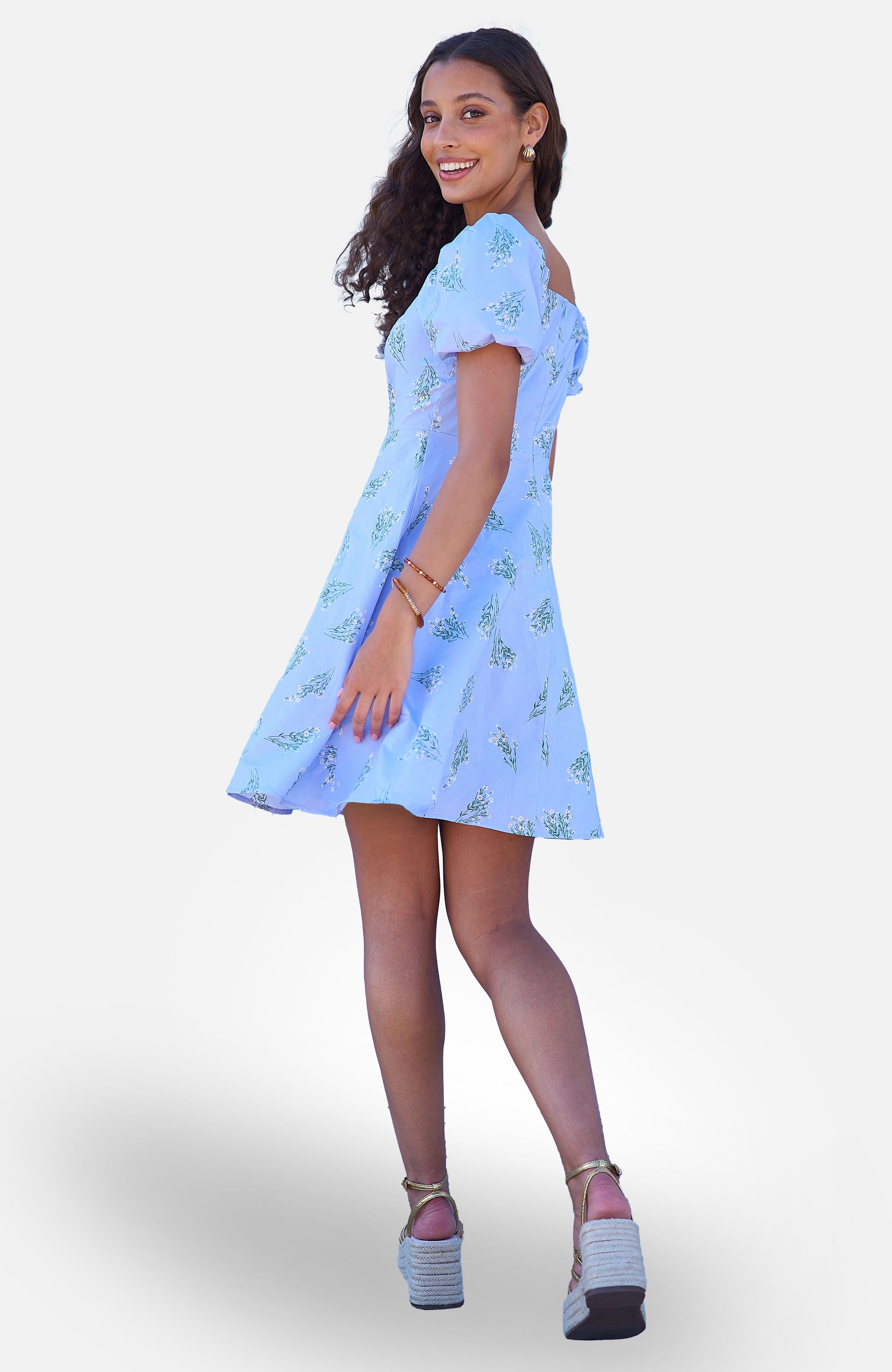 Yumi Blue Cotton Floral Puff Sleeve Skater Dress