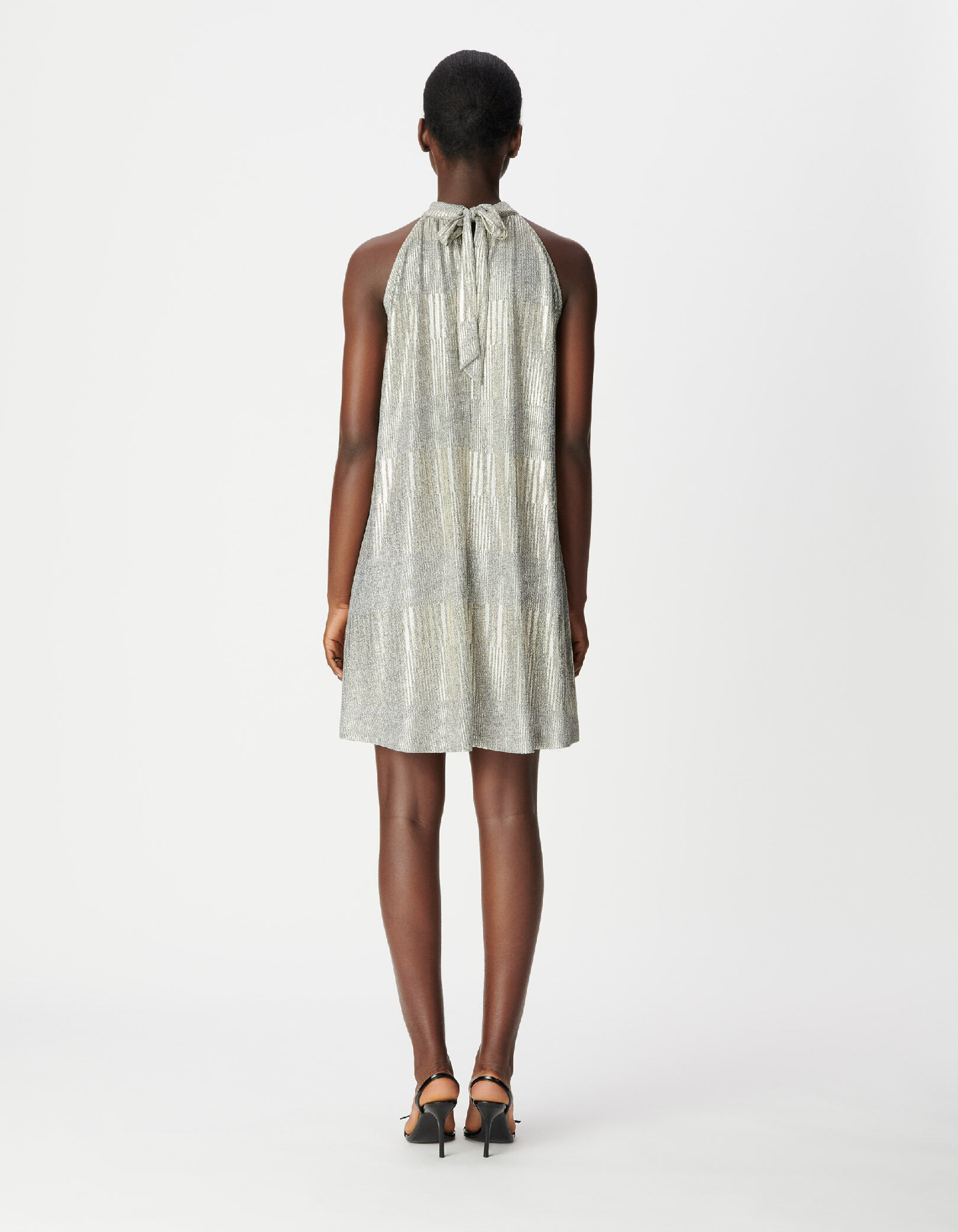 Robe courte argentée maille côtelée à nouer dos Femme
