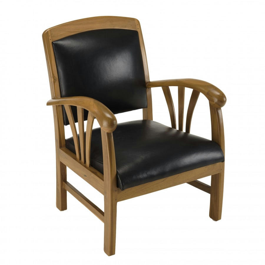ERIS - Fauteuil en teck et cuir noir