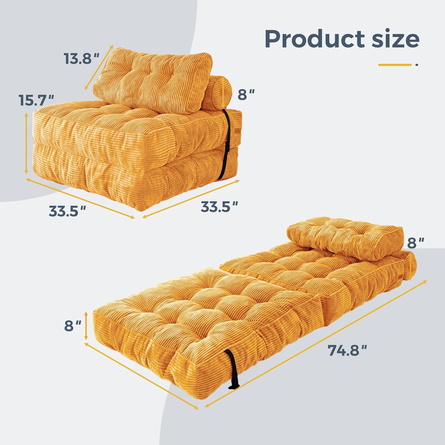 MAXYOYO Folding Sofa Bed, Convertible Sleeper Chair with Pillow Foldable Mattress with Back Support, Portable Fold Out Chair Bed Comfy Floor Sofa Lounge for Living Room Bedroom, Orange, Single