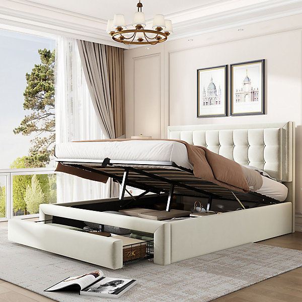 Lit coffre 140x190 cm - Lit coffre hydraulique avec 2 tiroirs et sommier à lattes - Capitonné Velours - Sans Matelas - Beige