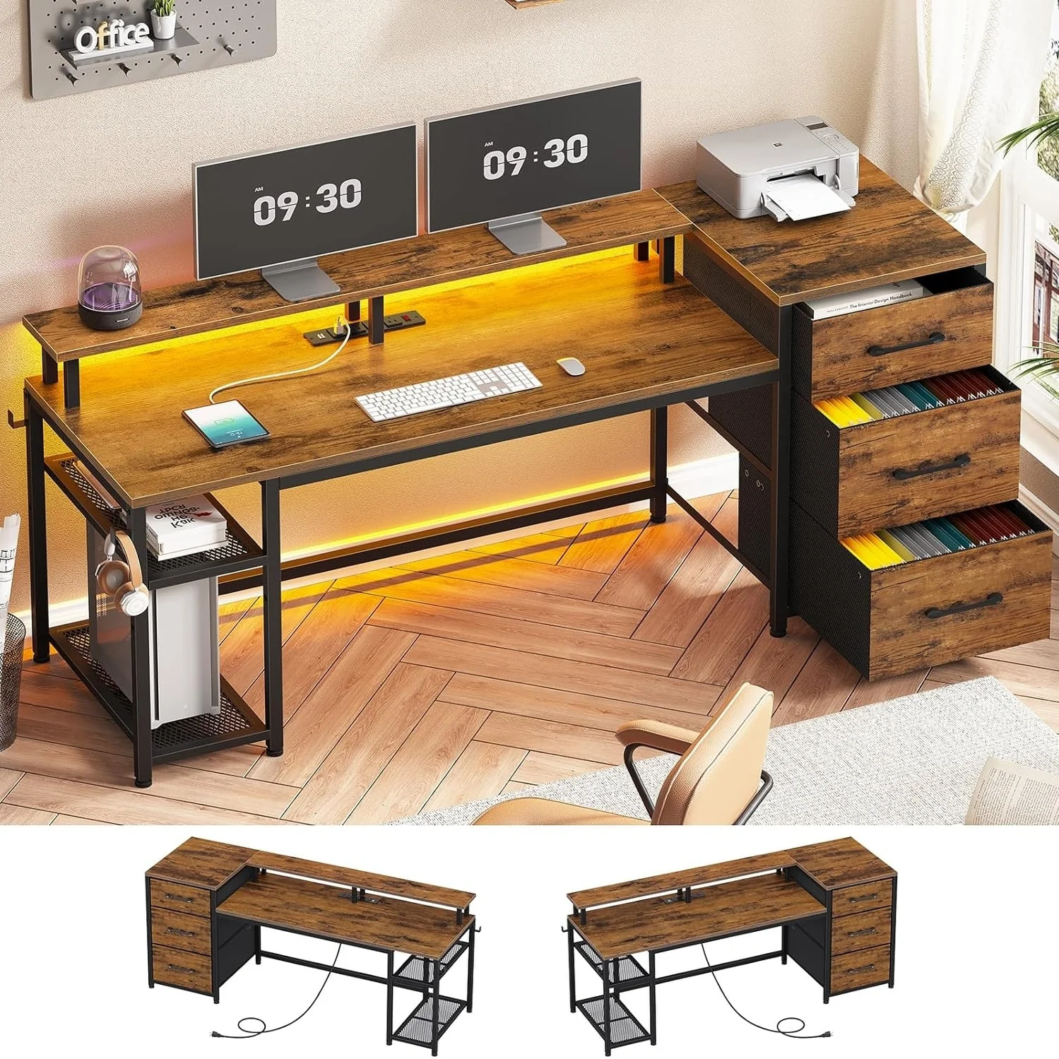 Office Desk 3 Fabric Drawers Computer Desk LED Lights & Power Outlet