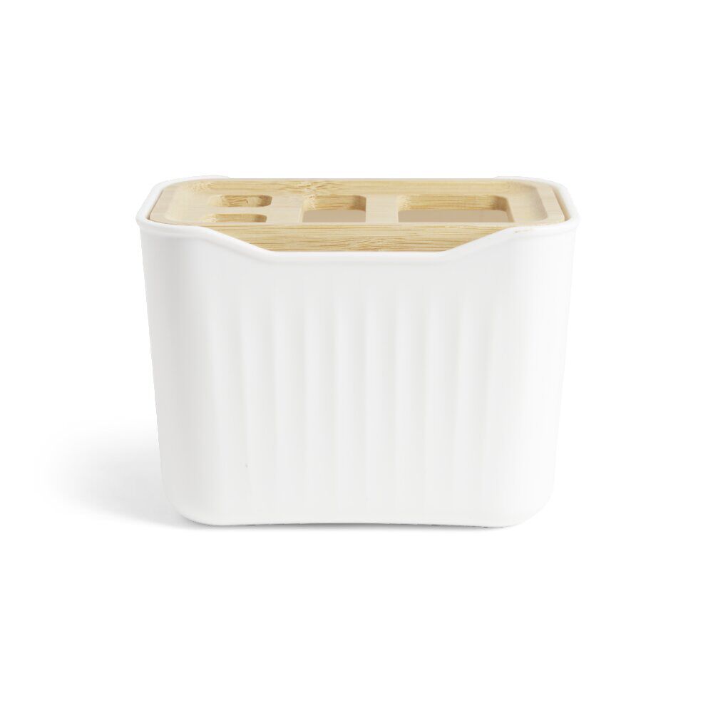 Support brosse à dent plastique blanc avec couvercle bambou 4 trous
