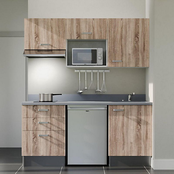 Kitchenette K20 - 180 cm - façades Bois - Plan monobloc en quartz coloris Cromo évier à droite - Electroménager Inox