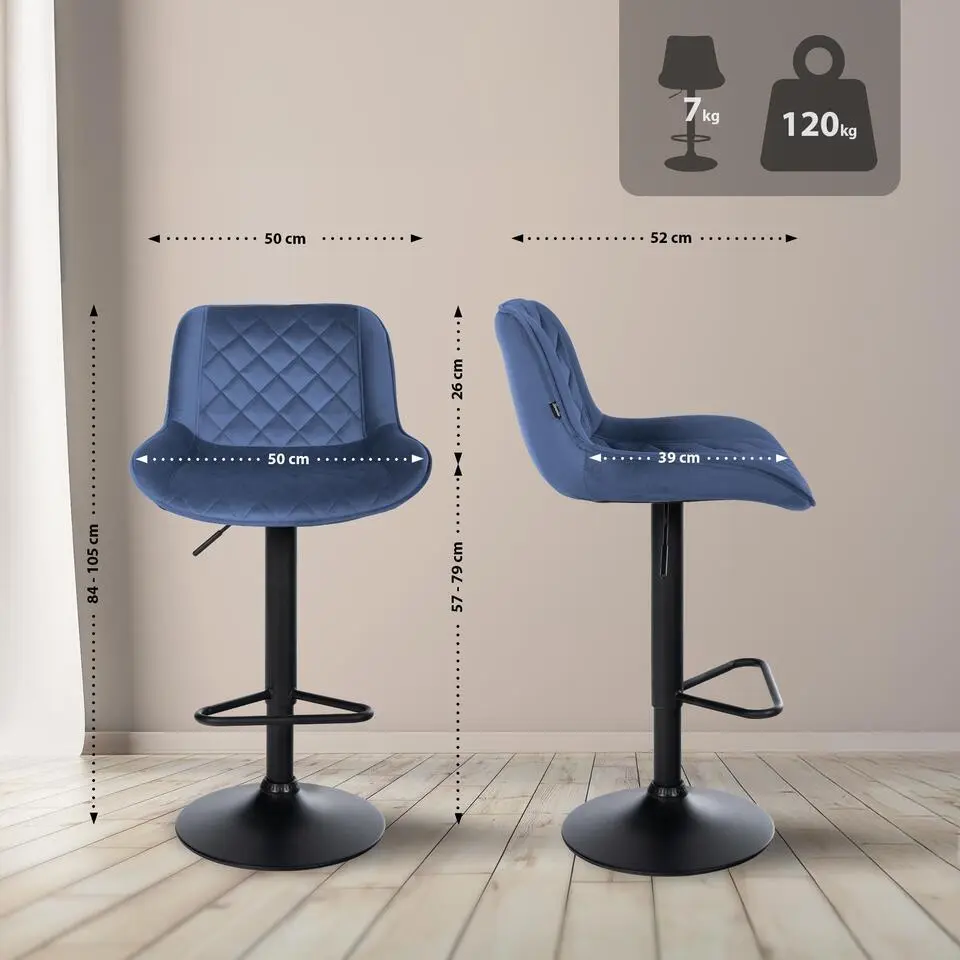 CLP Set van 2 Barkruk Kasson zwart Frame - Fluweel - blauw