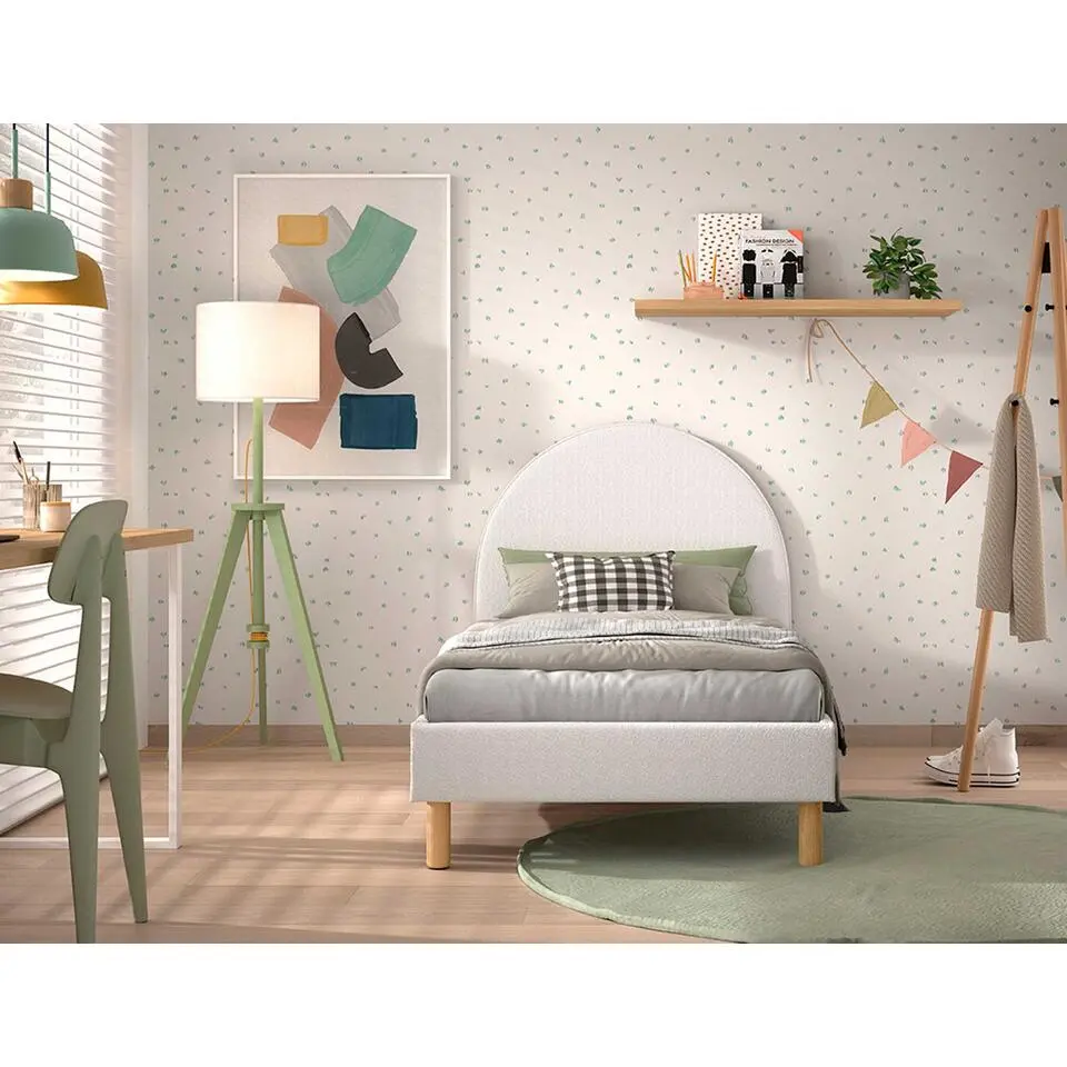 Eenpersoonsbed Maeva - 212x97x107 cm - Witte boucl&eacute; stof