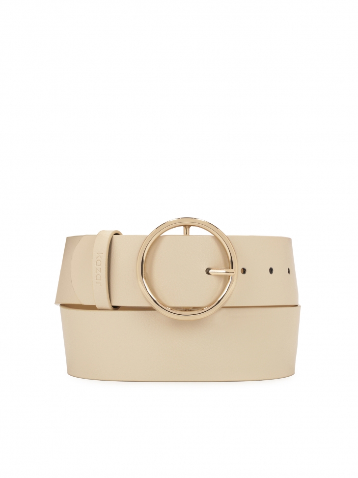 Cream colored belt with round buckle