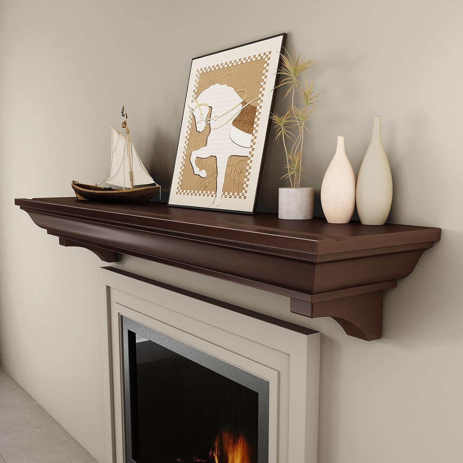 72 Inch Fireplace Mantel Shelf, Invisible Heavy Duty Bracket Floating Mantle for Over Fireplace, Wall Mounted Handcrafted Hollow Solid Wood Design, Rustic Traditional Fireplace Decor (Walnut)