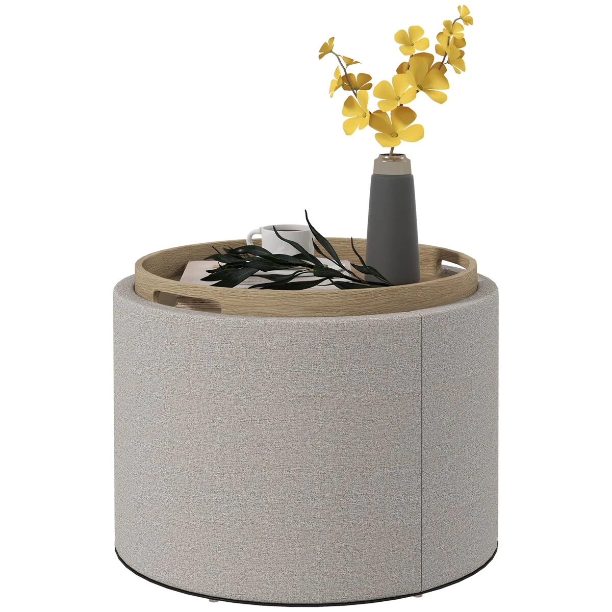 HOMCOM Round Storage Ottoman with Flip Top Tray, Upholstered Fabric Foot Stool, Small Coffee Table with Hidden Compartment