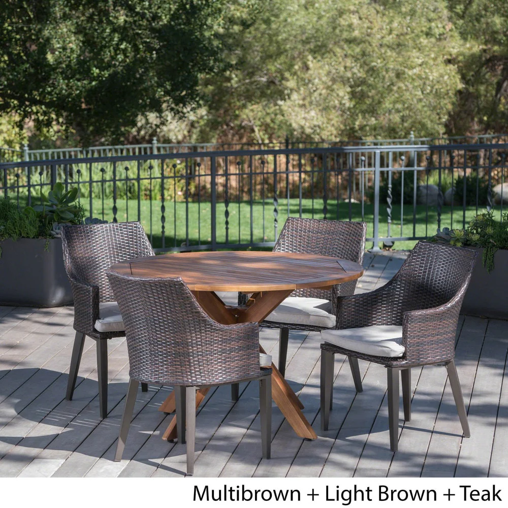 Ryan Outdoor 5-piece Round Wicker Wood Dining Set with Cushions by Christopher Knight Home