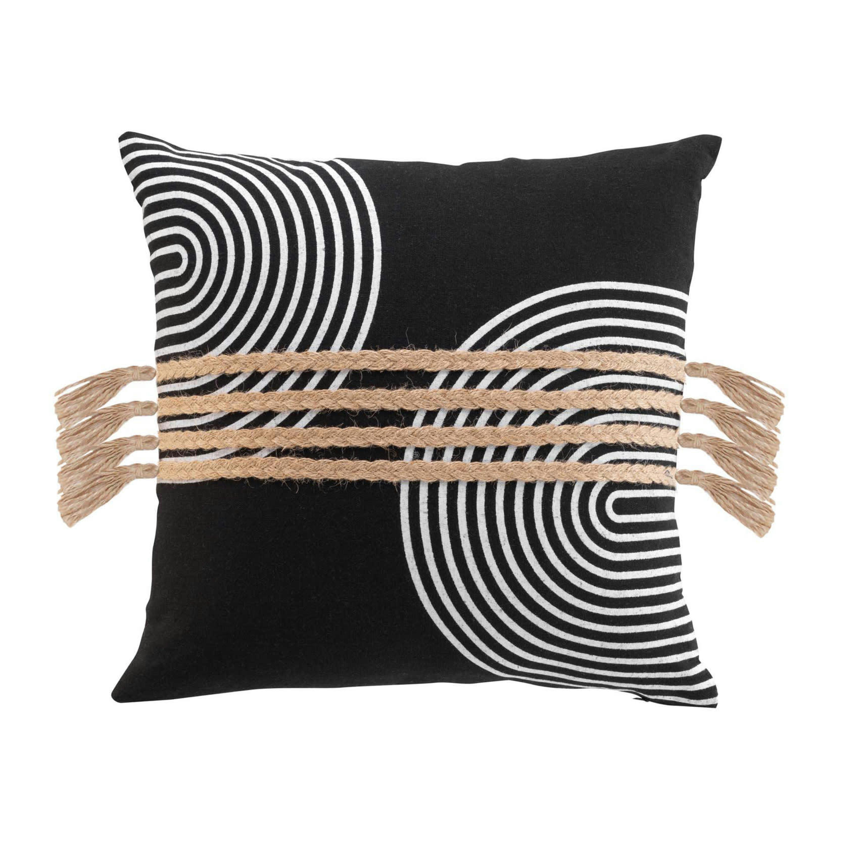 - Coussin déhoussable avec tresses en jute polyester/jute noir 40x40 cm
