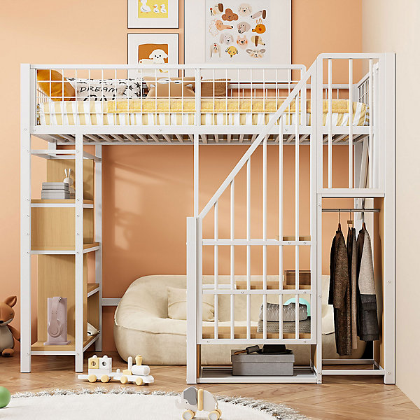 Lit Mezzanine 90x200 cm - Lit enfant et Adulte avec Rangement, étagères et Escalier Sécurisé, Métal Blanc, Sans Matelas