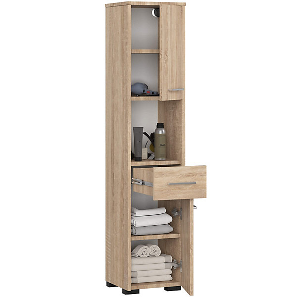 Colonne salle de bains AKORD FIN Chêne Sonoma 30 cm 2 portes 1 tiroir façade Chêne Sonoma 5 étagères 30x30x140 cm