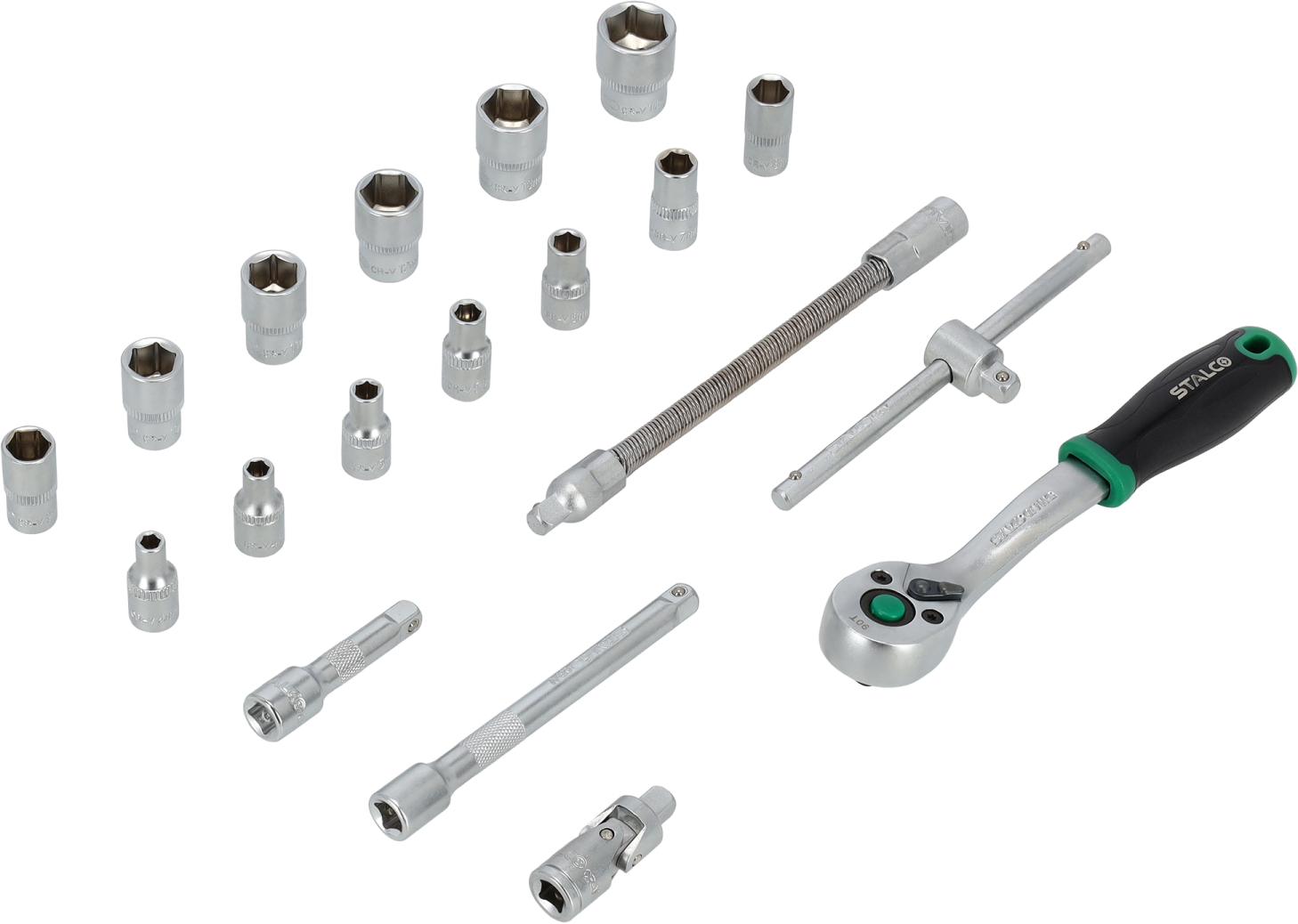 Zestaw kluczy nasadowych 1/4” 4-14mm 19elem. 90T CrV wkład EVA STALCO S026391490 STALCO S026391490