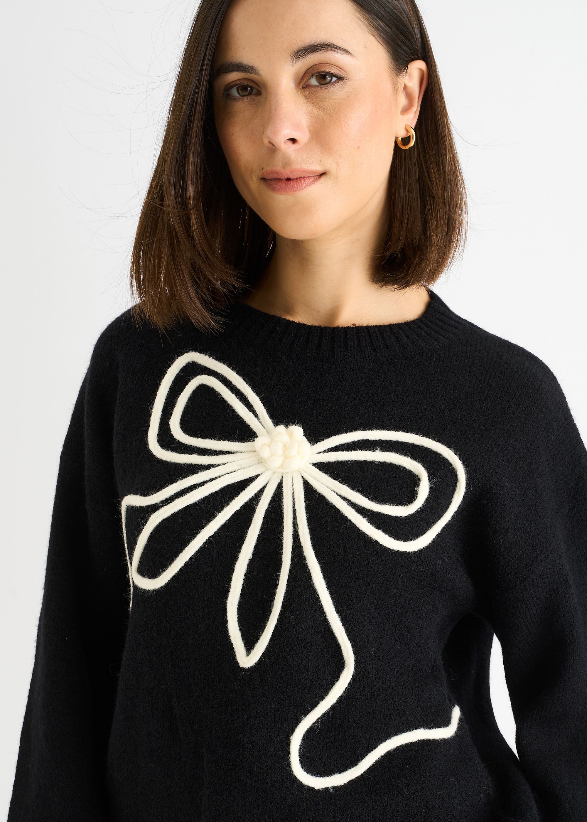 Gini London Black Contrast Bow pattern oversized Jumper
