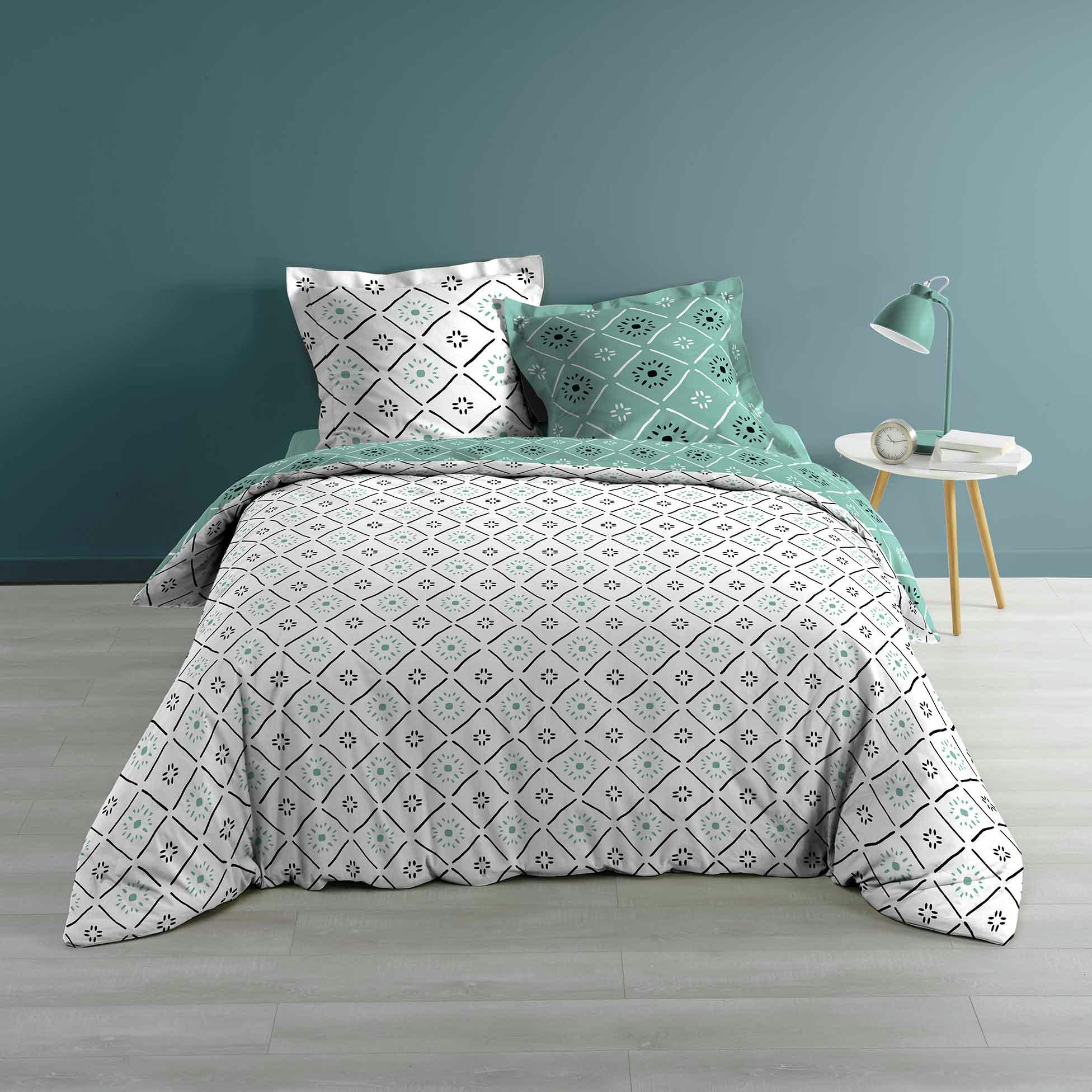 TAHINA - Housse de couette bleu coton 240x220 + 2 taies