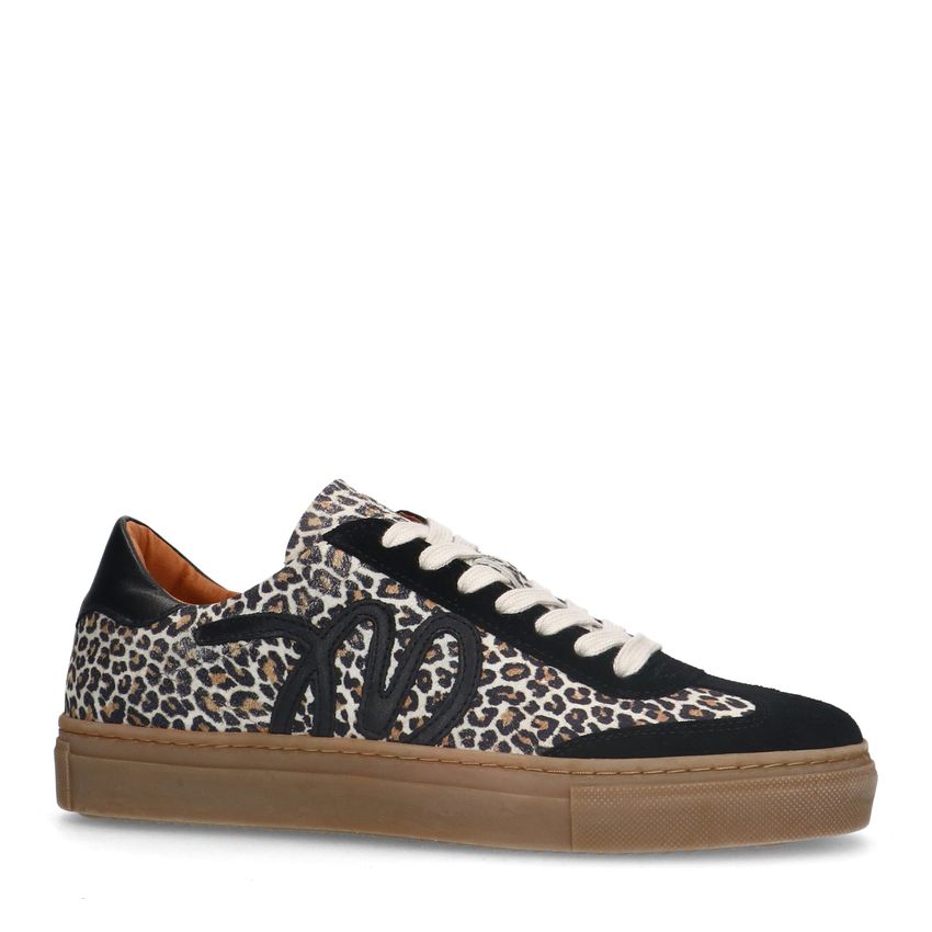 Manfield Zwarte suède leopard sneakers