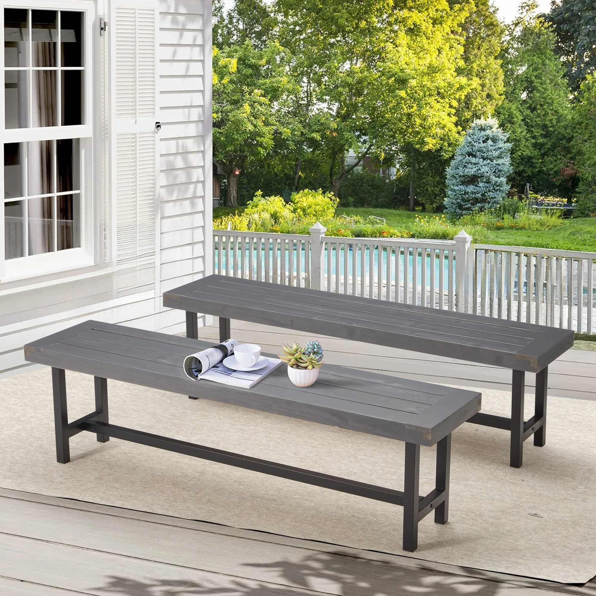 AVAWING 2 Pieces Outdoor Wooden Picnic Dining Coffee Bench