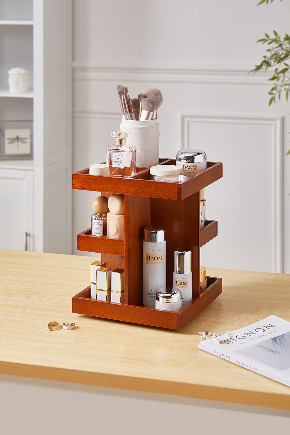 SHEONLY Swivel Retro Wooden Cosmetic Organizer Skincare Display Box