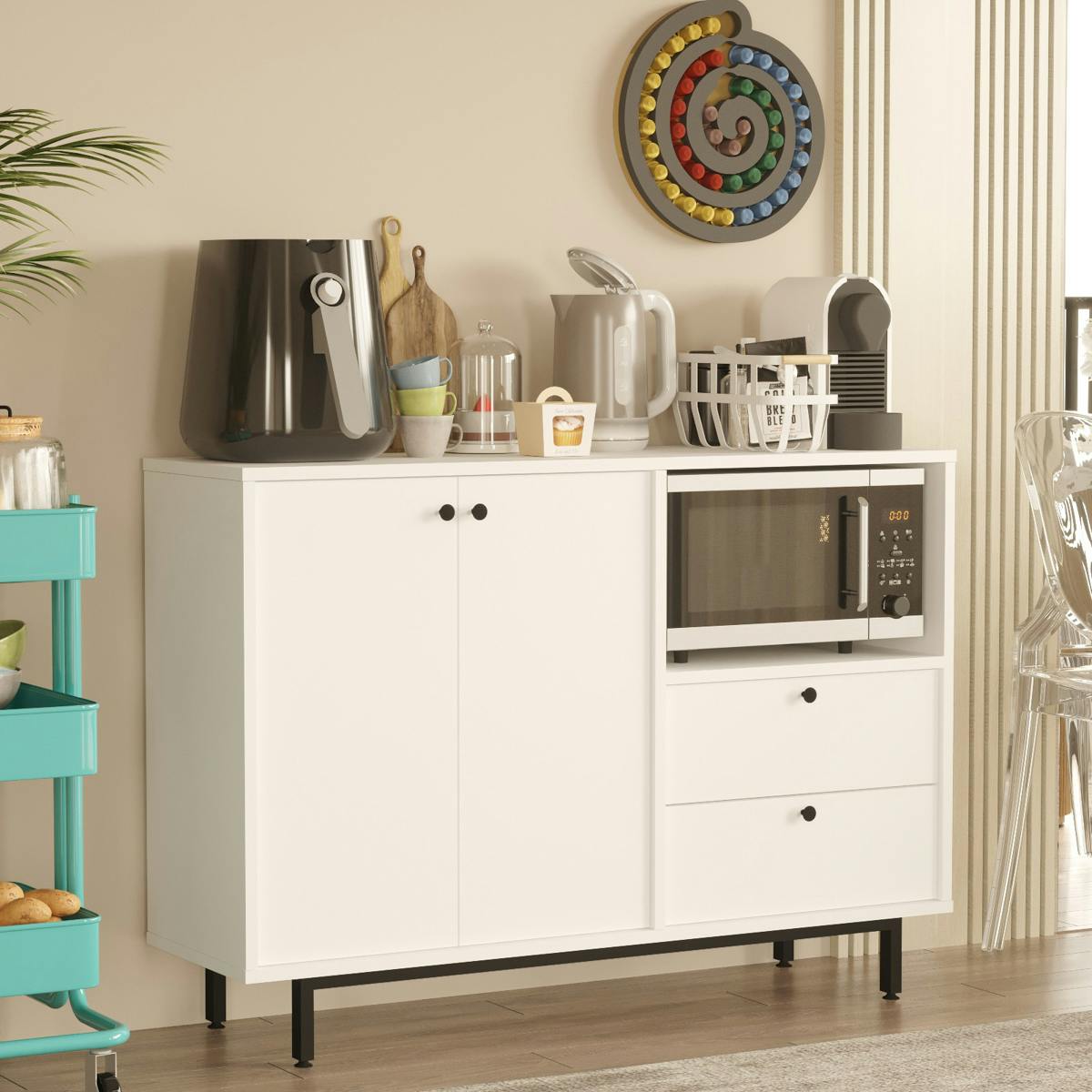 Meuble rangement cuisine blanc 2 portes 2 tiroirs JENA