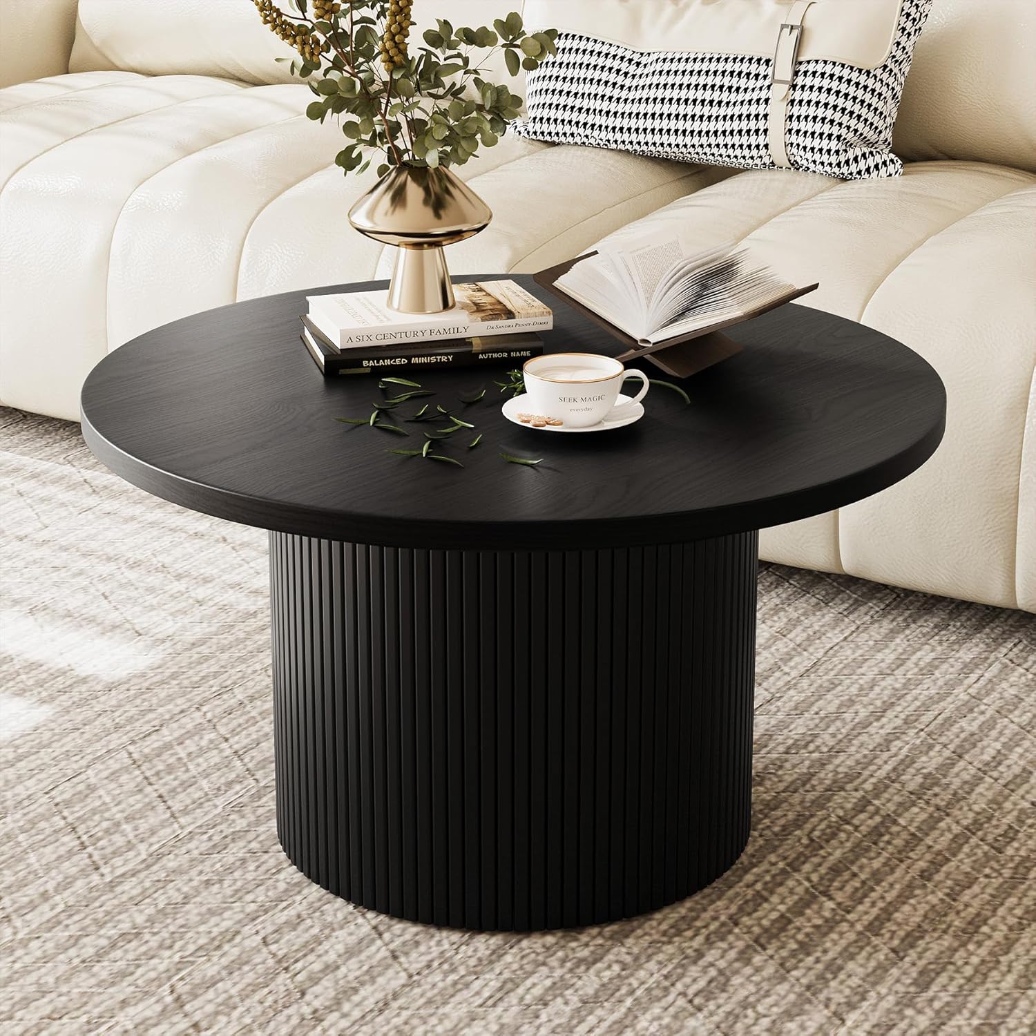 MAISONARIA Black Round Coffee Table with Metal Frame, 35 Coffee Tables for Living Room, Circle Wood Accent Center Table for Apartment