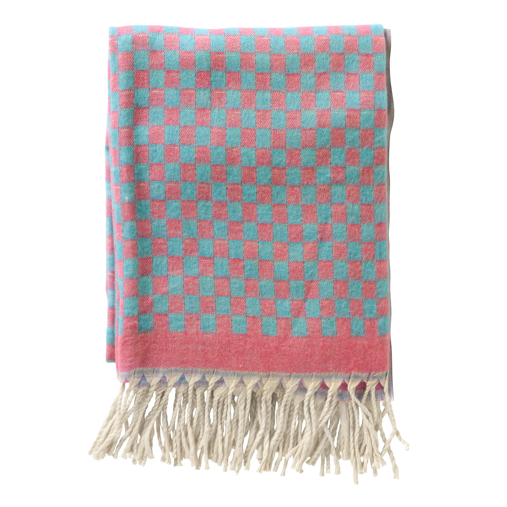 CRISTAL - plaid 130x170 cm - geblokt - franjes - Aqua Splash - blauw, roze