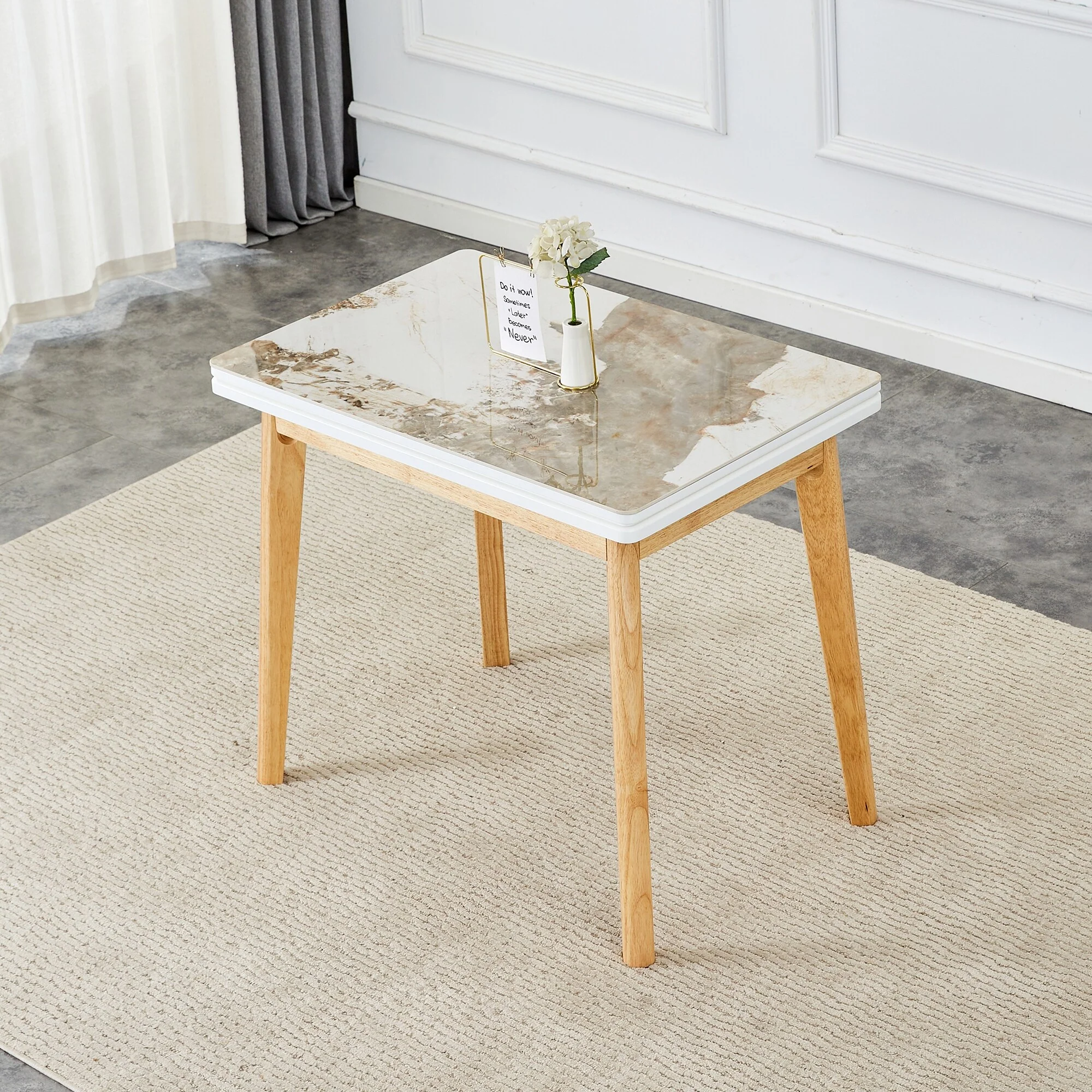 Imitation marble white sintered stone tabletop with rubber wooden legs