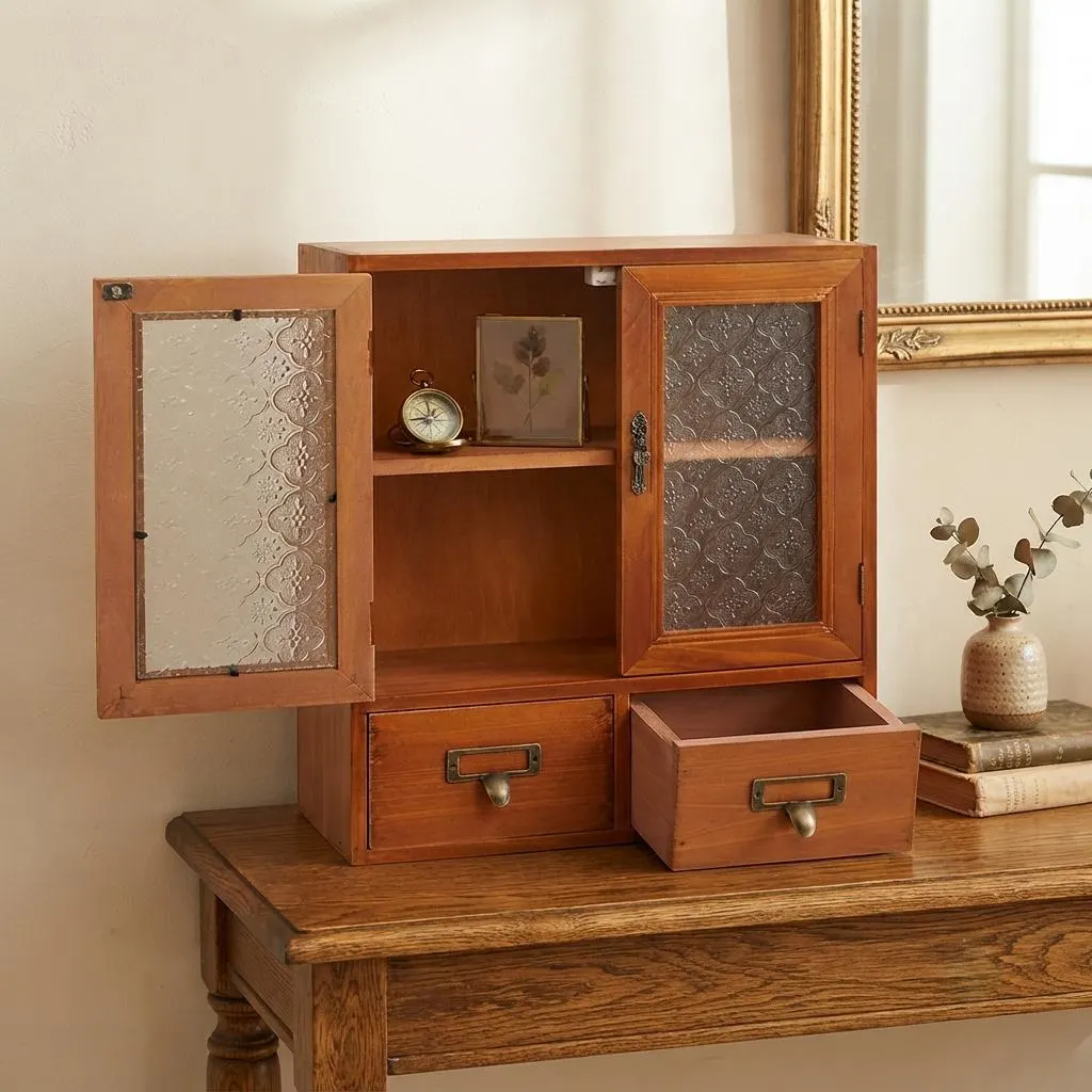 Vintage Wood Counter Cabinet with Glass Doors and Drawers (12