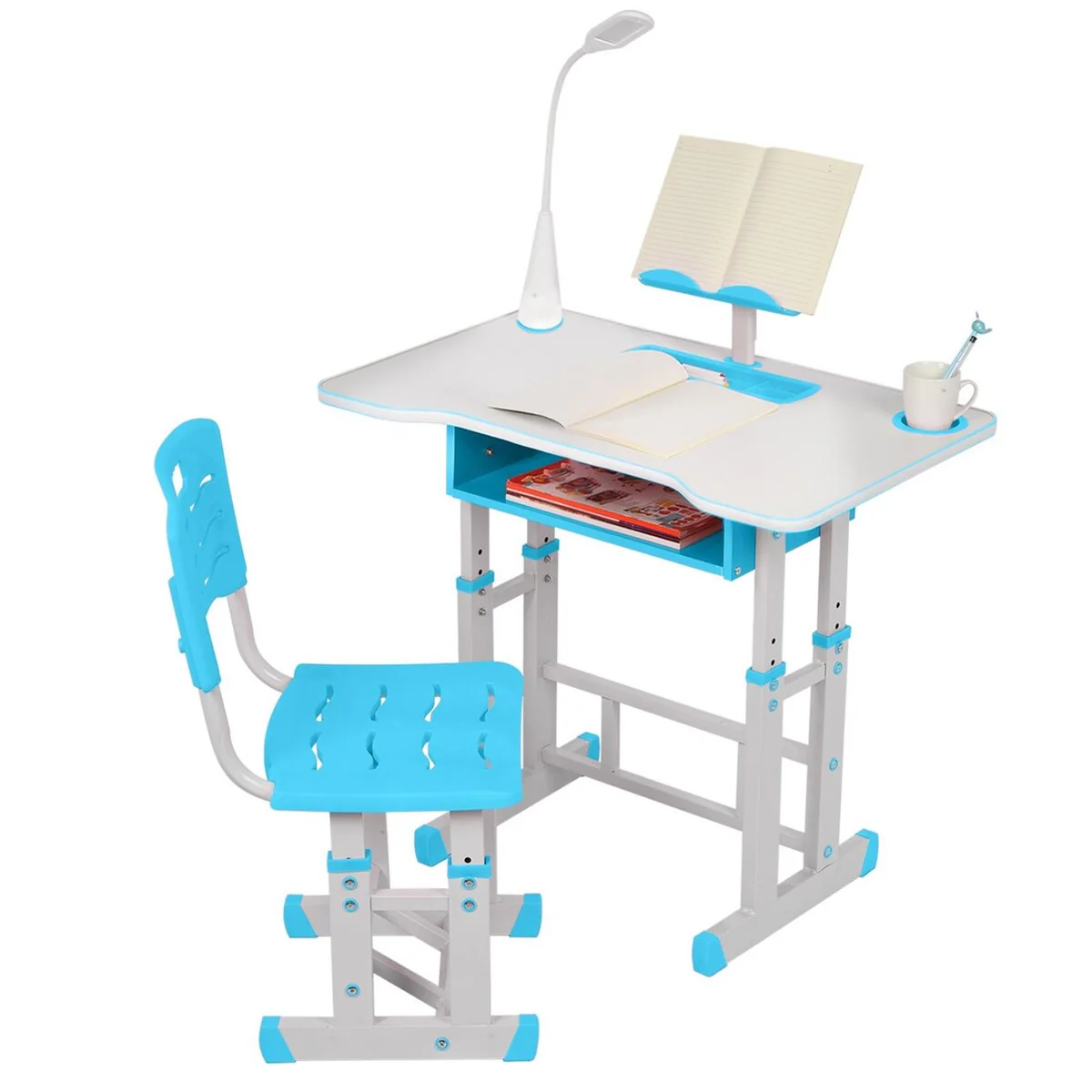 Kids Desk and Chair Set Height Adjustable Children Study Table With LED Desk Lamp Wood Tilting Tabletop - 16x32x22in