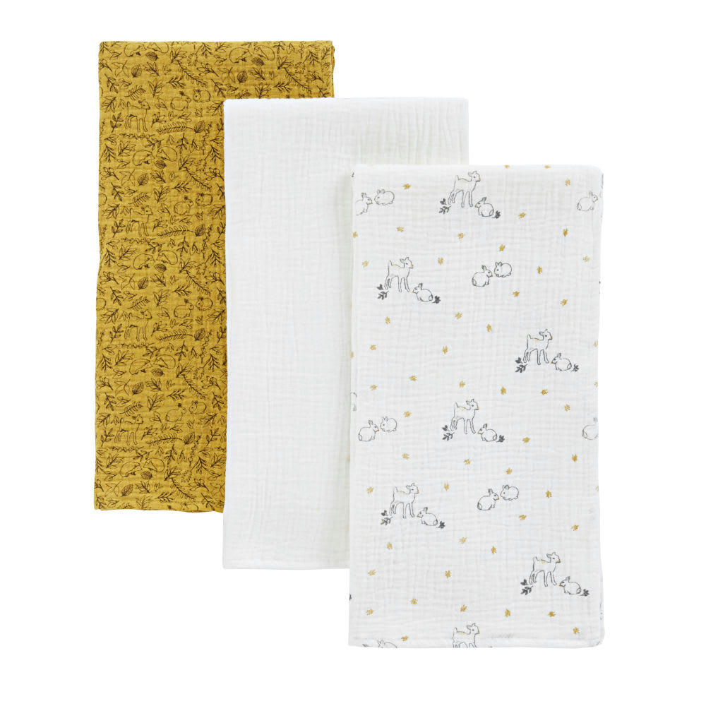 MIMIZAN - Langes bébé en coton bio écru, marron et gris (x3)