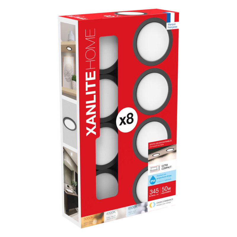 Spot encastrable LED noir Ø 7,5 cm 4 W 8 pièces XANLITE