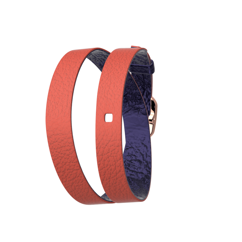 Bracelet cuir double tour, Corail / Marine Métallisé, boucle argentée