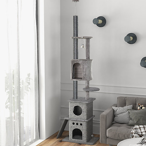 Arbre à chat PawHut XXL réglable 225 à 255 cm avec jouets et poteaux sisal gris clair
