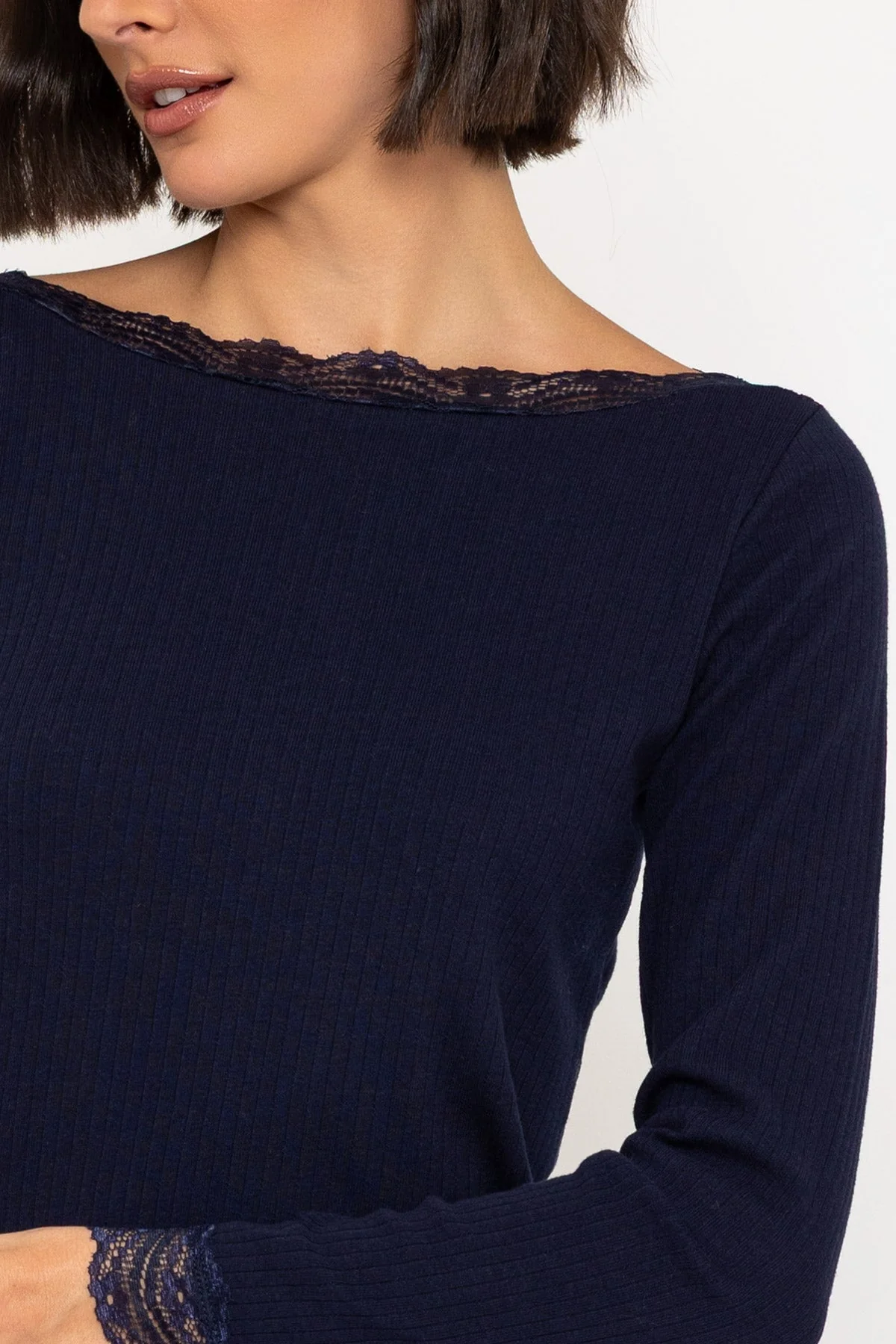 Navy Long Sleeve Lace Neck Ribbed Top