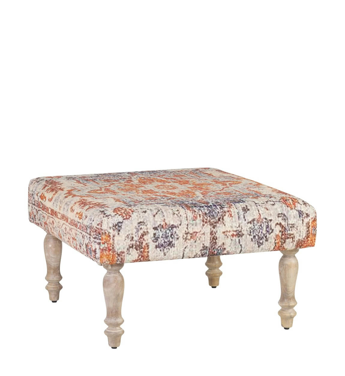 - Ottoman en bois beige et tissu multicolore