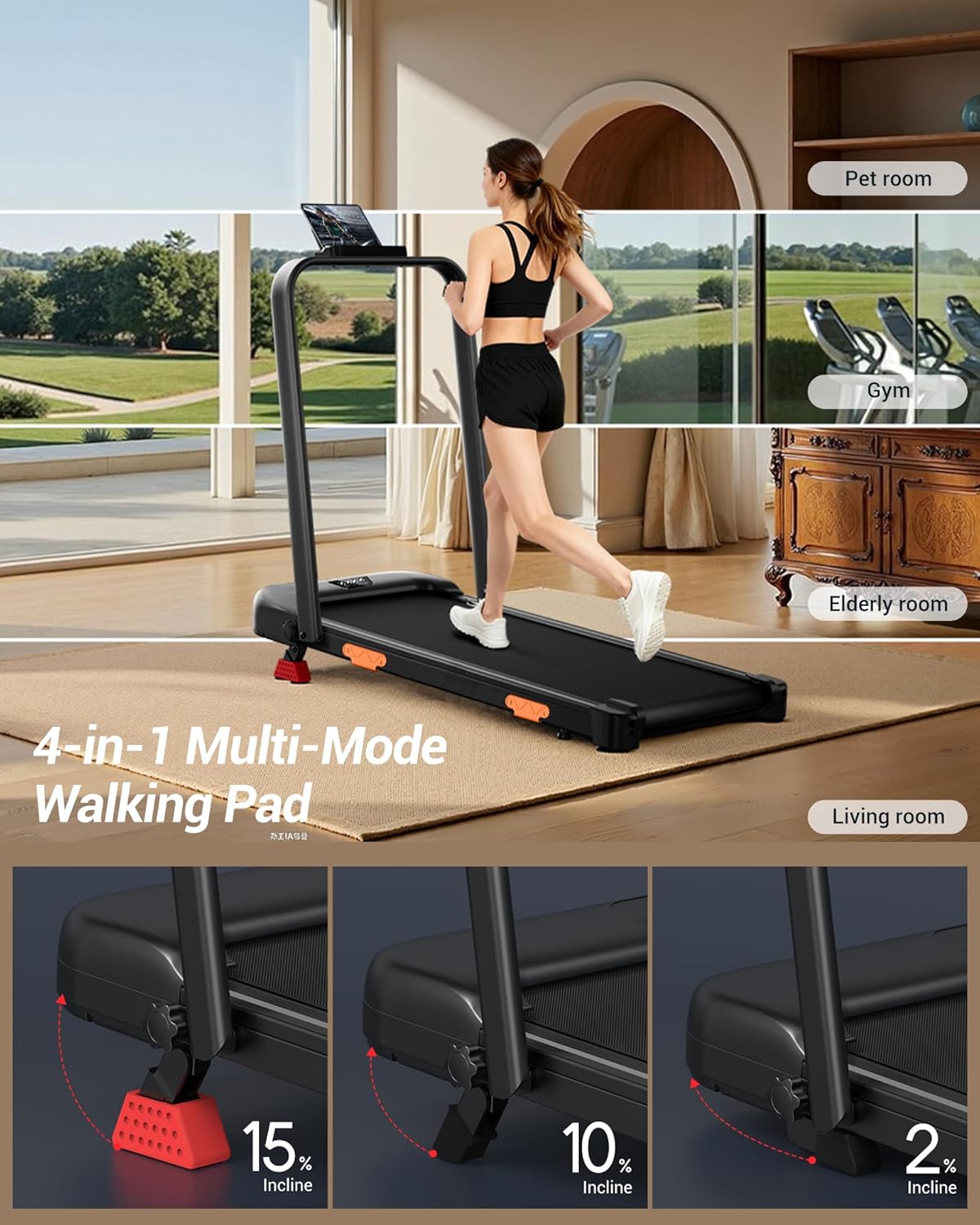 3-in-1 Foldable Treadmill with 300 LBS Capacity, 15% Walking Pad Treadmills for Home and Office, 2.5 HP Under Desk Treadmill with Quiet Brushless
