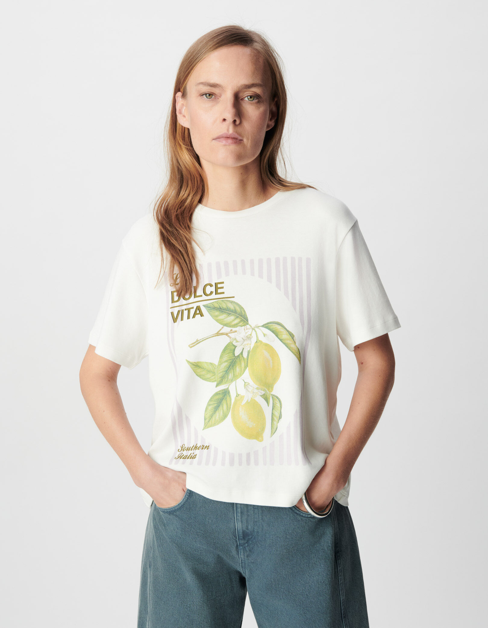 Tee-shirt col rond blanc coton bio visuel citrons Femme