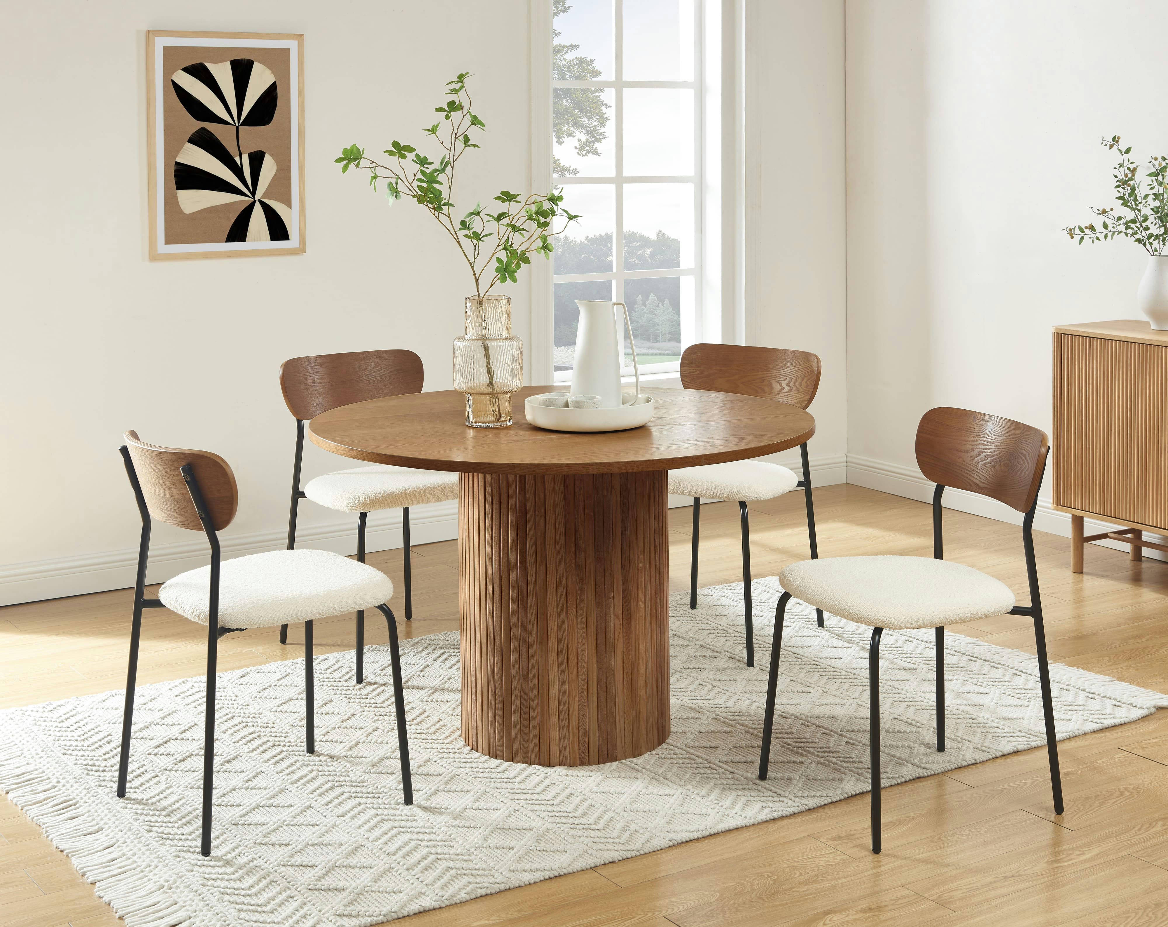 FRIDA - Lot de 4 chaises  tissu bouclette écru pieds métal noir ecru